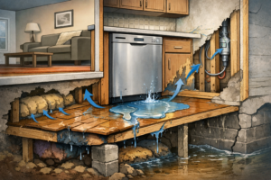 Cutaway-style illustration showing an appliance leak with water traveling into surrounding floors and walls, indicating that a visible leak can signal broader hidden risks within the home.