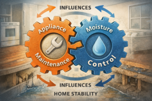 Diagram-style cutaway illustration showing multiple household appliances interacting with moisture, airflow, and surrounding materials, illustrating how appliance maintenance and moisture control are interconnected.