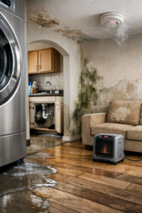 Diagram-style illustration showing a household appliance connected visually to surrounding home elements such as floors, walls, ventilation, and structure, indicating that appliance problems can signal broader home conditions.