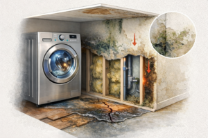 Cutaway-style illustration showing an appliance functioning normally while surrounding materials continue to show moisture and stress effects, illustrating how damage can persist even after a specific appliance issue is solved.