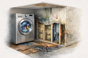 Cutaway-style illustration showing a household appliance failure alongside surrounding home elements with subtle signs of long-term wear, moisture, and deferred maintenance, illustrating how appliance breakdowns can expose accumulated maintenance gaps.