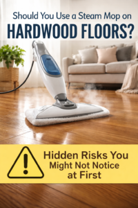 Steam mop cleaning a hardwood floor with visible steam, showing how surface cleanliness can hide long-term moisture damage risks.
