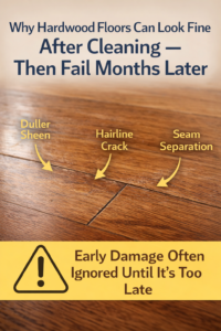 Hardwood floor that looks clean but shows subtle cracks, seam separation, and dull finish indicating delayed damage after cleaning.