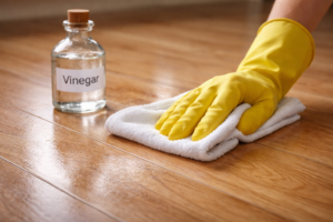 Floor being cleaned with vinegar that looks clean on the surface but shows subtle dulling and finish wear from repeated use.