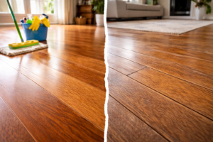 
Floor that looks and feels clean on the surface but shows subtle dulling and finish wear indicating gradual deterioration after cleaning.