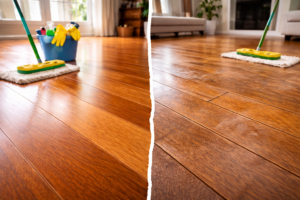 Two identical hardwood floors cleaned the same way but showing different results, illustrating uneven reactions to the same cleaning method.