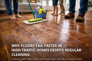 Worn hardwood floor in a high-traffic home showing dull paths and finish wear despite regular cleaning.