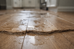 Water-damaged laminate floor with swollen edges and moisture visible between planks