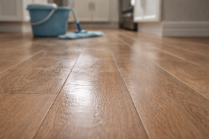 Laminate floor after routine cleaning with subtle sheen changes and cleaning tools in the background