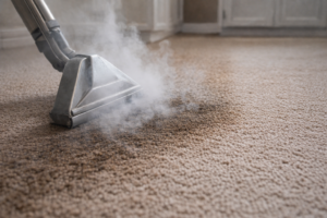 Steam cleaner applying heat and moisture to carpet fibers, showing darker damp areas