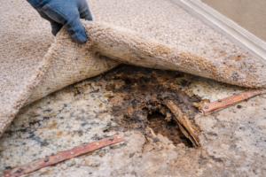 Worn carpet lifted to reveal damaged padding and deteriorated subfloor underneath