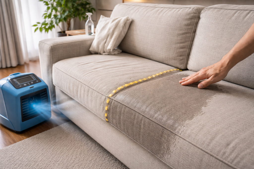 Damp couch cushion showing uneven drying after cleaning, with visible moisture on the fabric