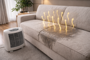 Wet couch cushion exposed to warm air from a heater, showing uneven drying and trapped moisture risk
