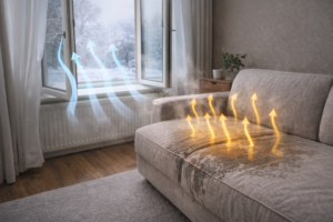 Damp couch near an open window in winter, showing cold air entering and uneven moisture movement during drying
