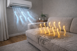 Damp couch cushions under air conditioning showing moisture remaining inside despite cool indoor air