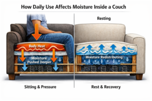 Cross-section illustration showing how normal daily use shifts moisture deeper inside a couch