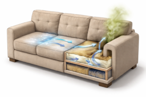 Cutaway couch illustration showing odors emerging from areas that were never cleaned