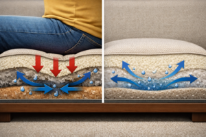 Cross-section illustration showing how weight and pressure move moisture inside couch padding