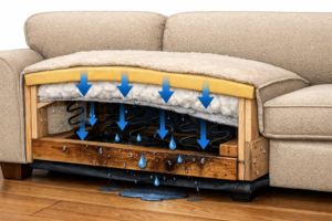 Cutaway illustration showing a dry couch surface with a damp internal frame