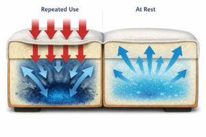 Cross-section illustration showing how repeated couch use changes internal drying patterns inside cushions