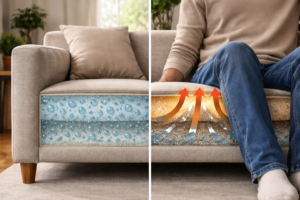 Cross-section illustration showing internal moisture shifting inside a couch after normal use resumes