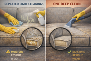 Comparison of repeated light couch cleanings versus one deep clean, showing moisture and residue buildup inside cushions