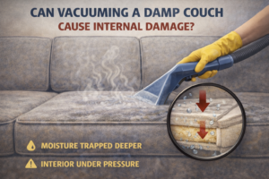 Vacuuming a damp couch cushion showing suction pulling moisture deeper into internal padding