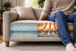 Cross-section illustration showing hidden internal moisture and stress caused by normal couch use after cleaning