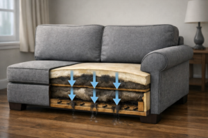 Cross-section illustration showing internal moisture trapped inside a couch that appears dry on the surface