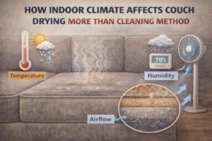 Indoor climate factors like temperature, humidity, and airflow affecting how a couch dries after cleaning