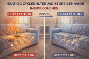 Heating cycles turning on and off change how moisture moves and settles inside couch cushions