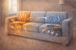 Couch drying unevenly in a real home, showing different airflow and moisture retention zones across cushions