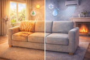 Couch shown across different seasons, illustrating how humidity and temperature changes affect odors after cleaning