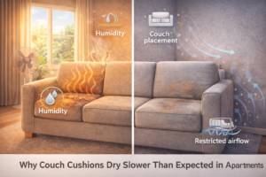 Couch cushions drying slowly in an apartment due to limited airflow and lingering internal moisture