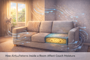 Airflow patterns inside a room showing uneven air movement around a couch and moisture remaining inside cushions