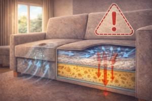 Cutaway view of a couch showing moisture spreading internally from one area through cushions and padding
