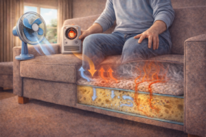 Trying to finish drying a couch with extra heat, airflow, and pressure causing moisture to spread internally