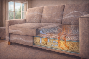Couch left to air out near open windows while internal moisture and odors remain trapped inside cushions