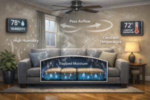 Couch in a home environment where humidity and limited airflow prevent full internal drying