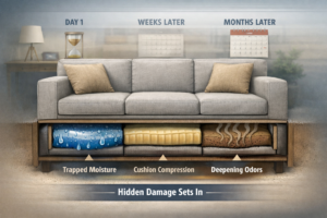 Couch that looks fine on the surface while internal moisture and damage become locked in over time