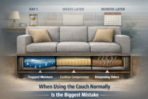 Normal couch use applying pressure and heat to cushions with hidden internal moisture