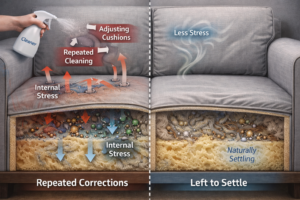 Couch showing minor natural changes settling over time versus stress from repeated small corrections
