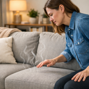 Person hesitating to sit on a couch that looks dry but may still have a faint odor