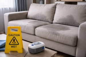 Couch with damp cushions showing why sitting too soon can slow internal drying