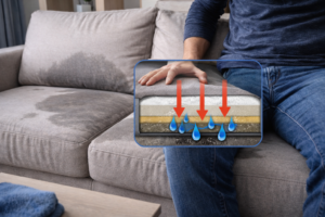 Illustration showing how repeated sitting can push moisture deeper into couch cushions