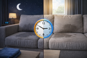 Split image showing a couch at night and during the day while drying
