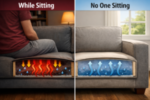 Illustration showing how body heat from sitting can change moisture movement inside a couch cushion