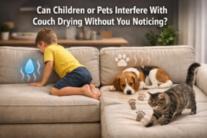 Children and pets interacting with a couch during drying, affecting moisture without being noticed