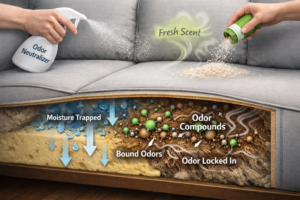 Applying odor neutralizers to a couch causing smells to bind internally and become permanent